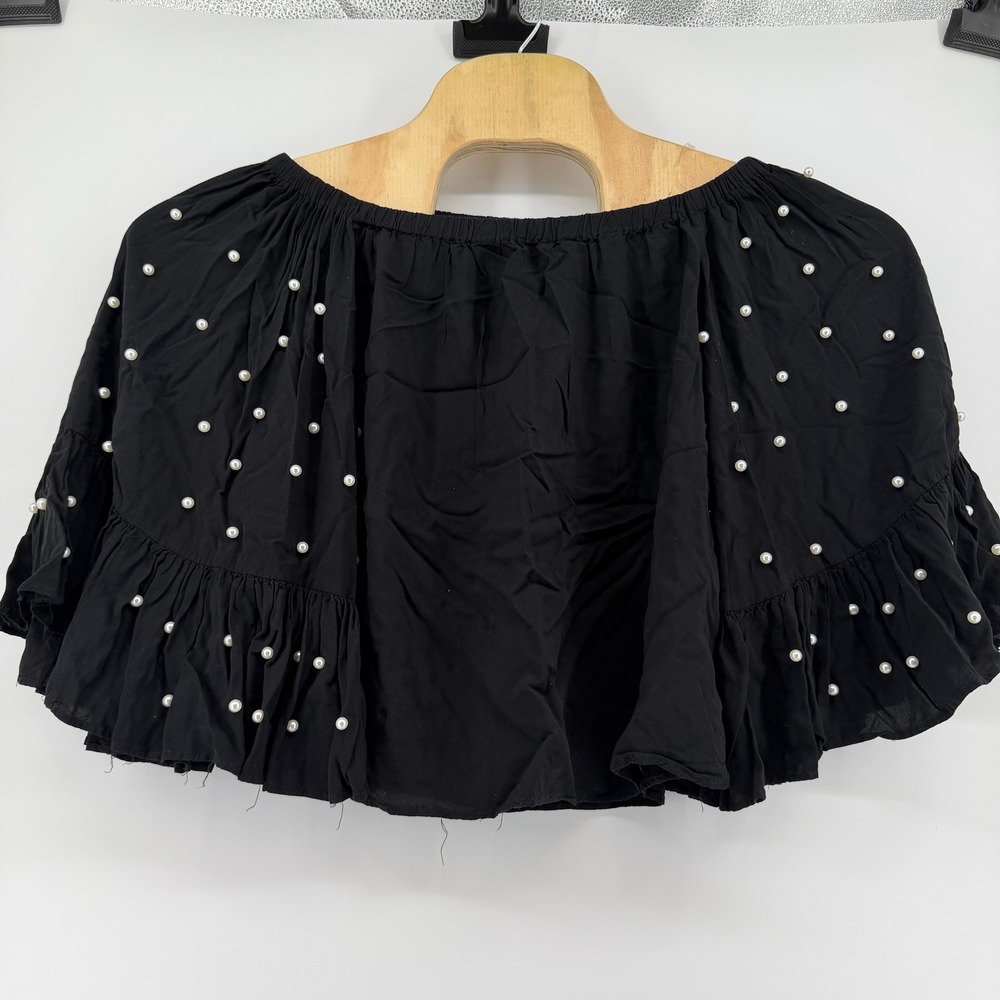 Entro Black Pearl Embellished Off the Shoulder‎ Ruffle Bell Sleeve Crop Top S